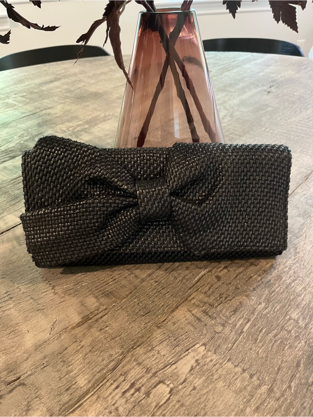 Woven Bow Detail Clutch Bag - Black